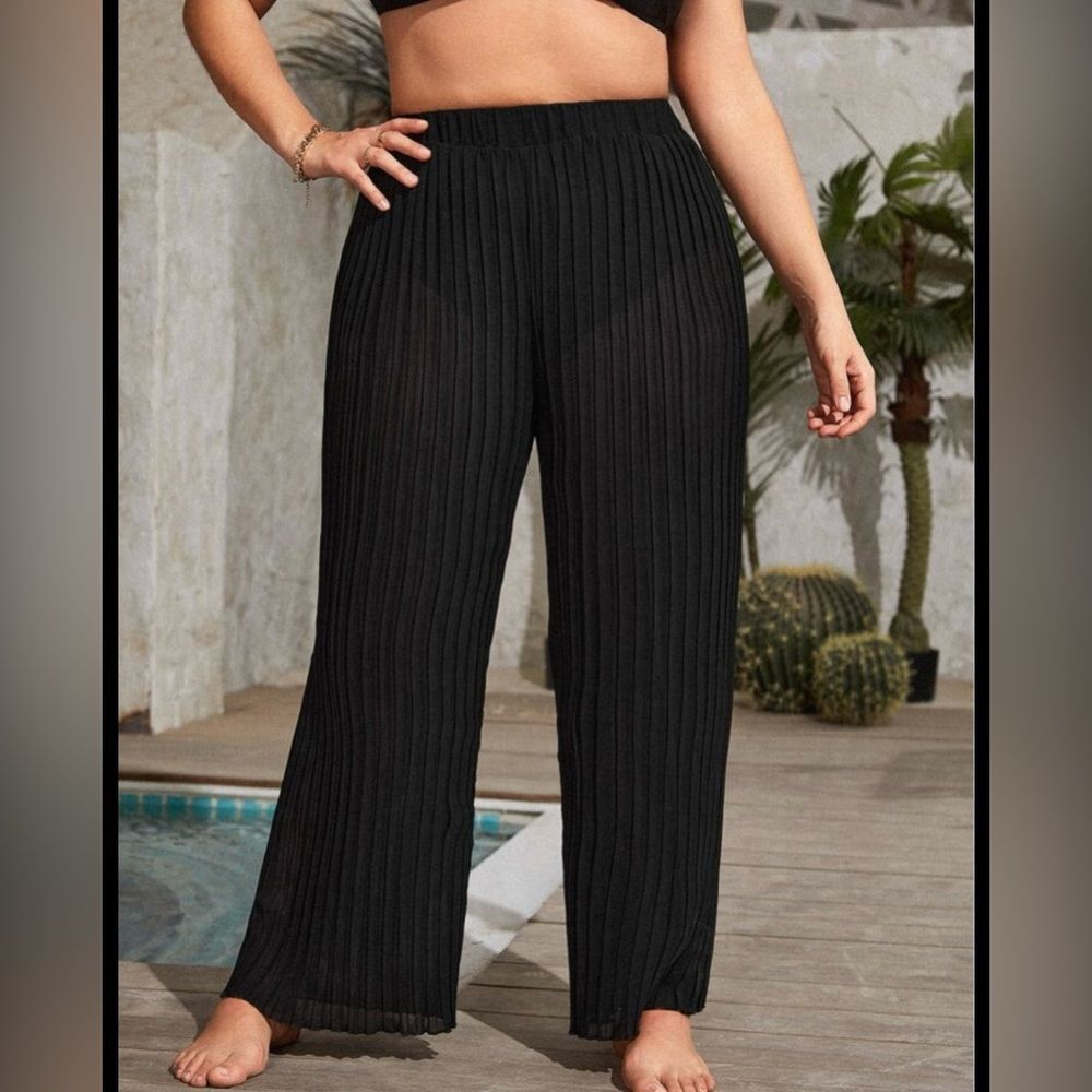 Chiffon Sheer Black Beach Coverup Pleated Pants Size L